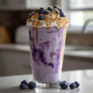 homemade Blueberry Cheesecake Smoothie A tall clear glass is filled with a pale purple smoothie with a rich, velvety consistency. Swirls of deeper blueberry purple are visible throughout, creating a marbled effect. A thick layer of creamy whipped topping sits on top, lightly dusted with crushed graham crackers to mimic cheesecake crust. Fresh blueberries are piled on top, some slightly glossy and bursting. A drizzle of honey or blueberry syrup runs slightly down the inside of the glass for added texture and sweetness. Condensation droplets form on the outside of the glass, giving a chilled, freshly blended feel. Soft natural window light from the side highlights the creamy texture and vibrant blueberry tones. Shot from a slightly overhead angle. Background softly blurred kitchen setting with subtle countertop details. The top portion of the image intentionally left with clean negative space for Pinterest text overlay. Blueberry Cheesecake Smoothie