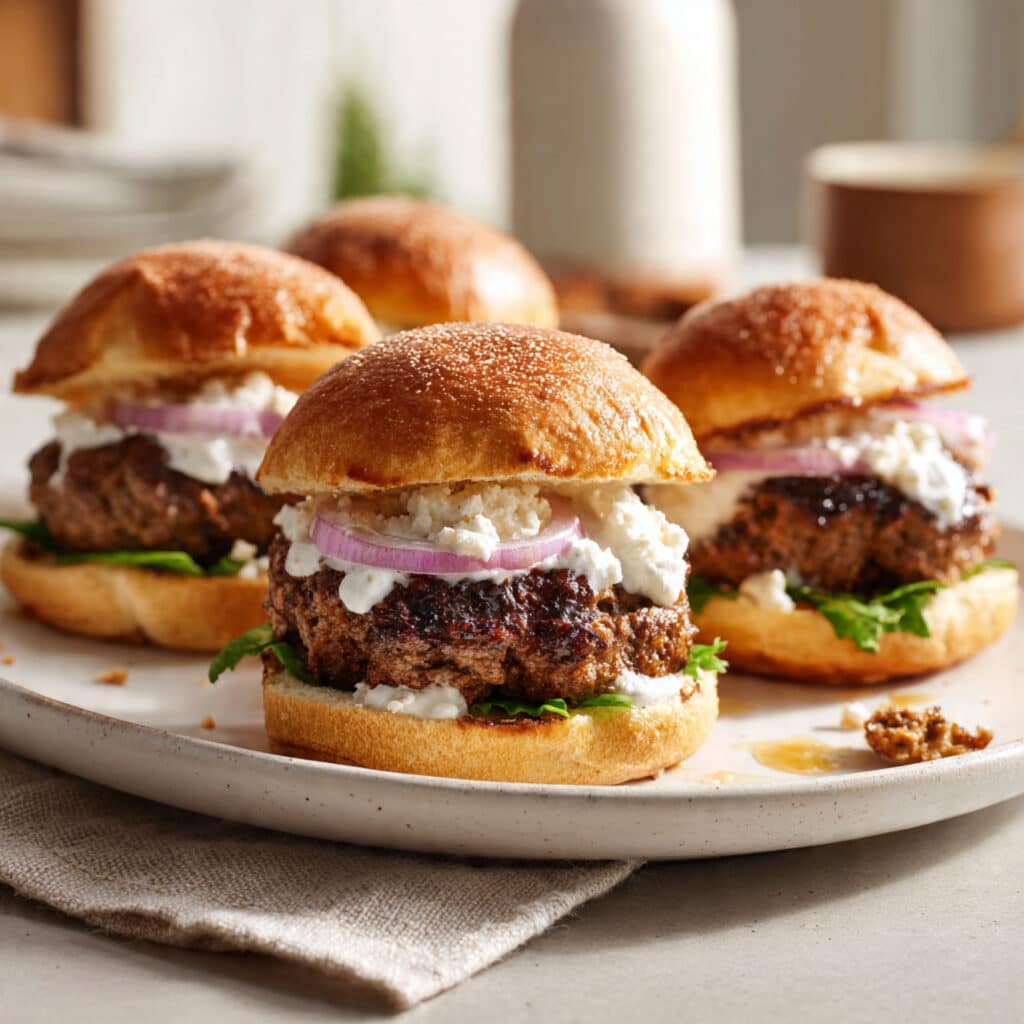 Ground Lamb Sliders with Feta Sauce