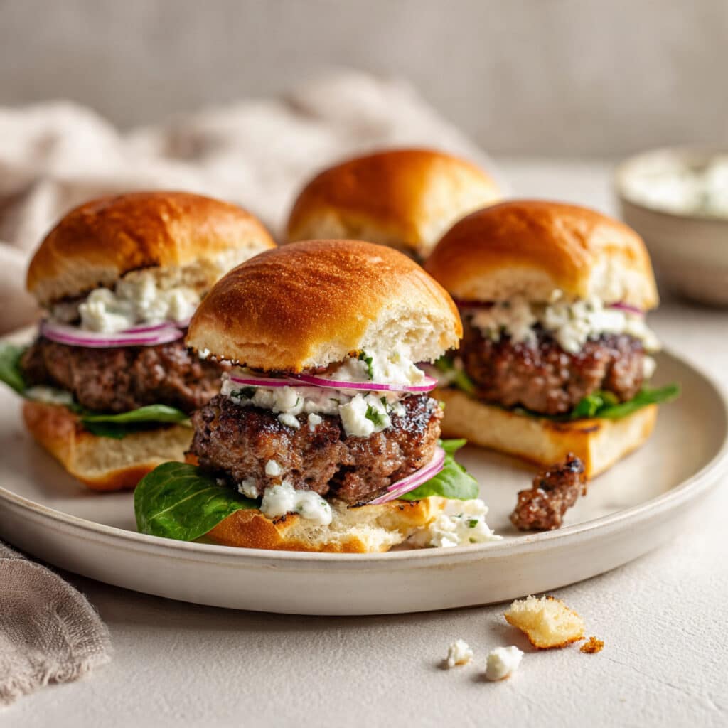 Ground Lamb Sliders with Feta Sauce