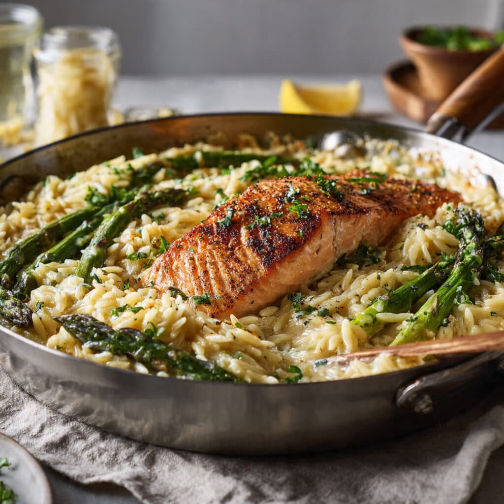 Lemon Garlic Orzo with Salmon and Asparagus