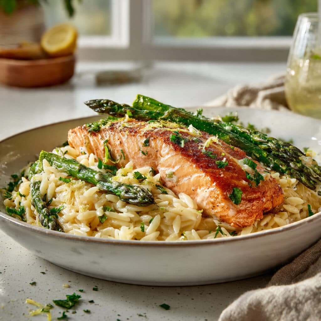 Lemon Garlic Orzo with Salmon and Asparagus
