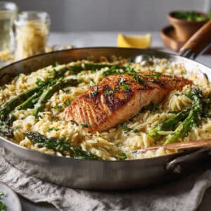 Lemon Garlic Orzo with Salmon and Asparagus