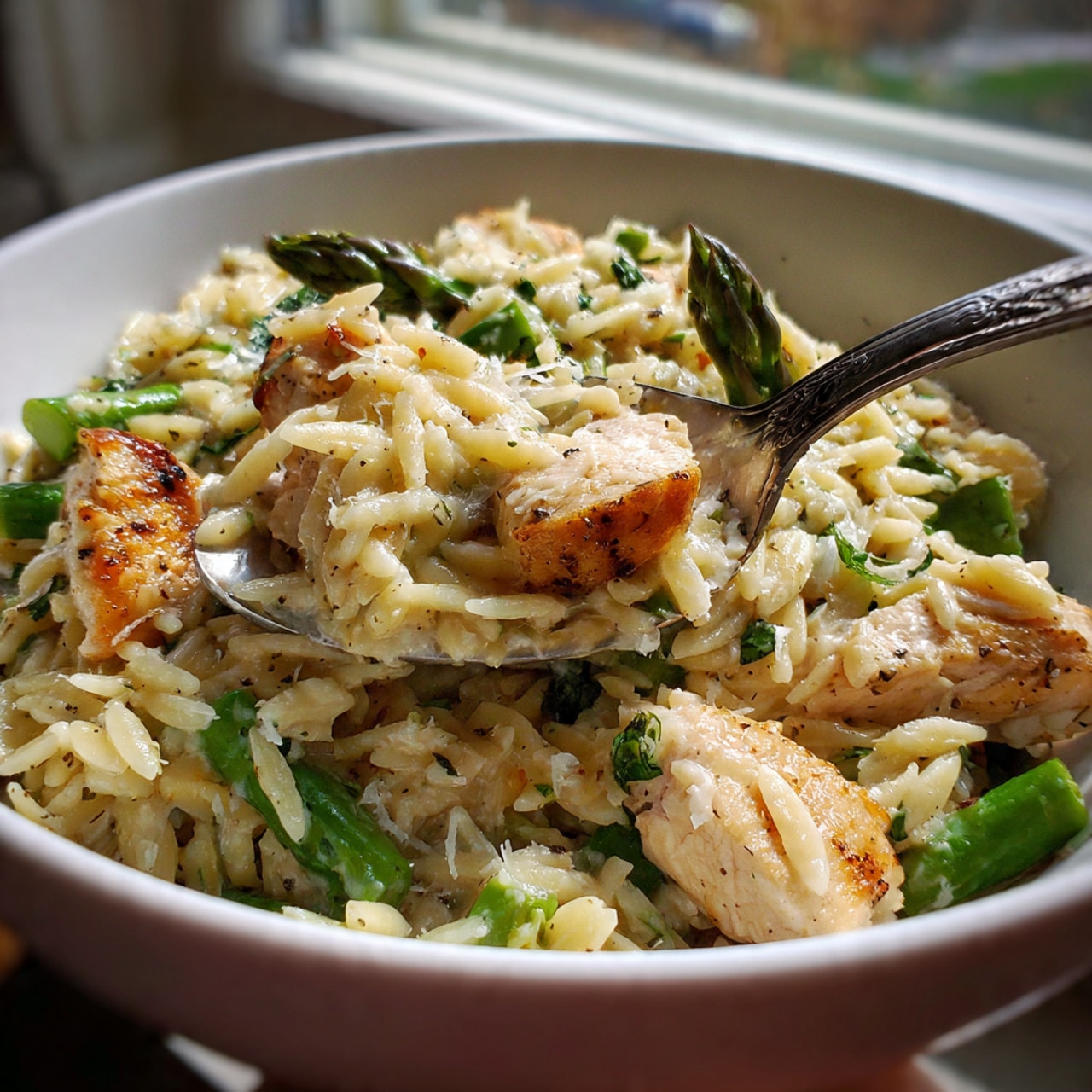 Parmesan orzo with chicken and asparagus