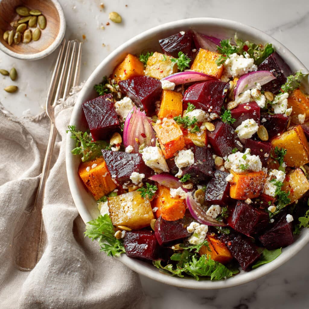 Roasted Beet Salad with Sweet Potato & Feta