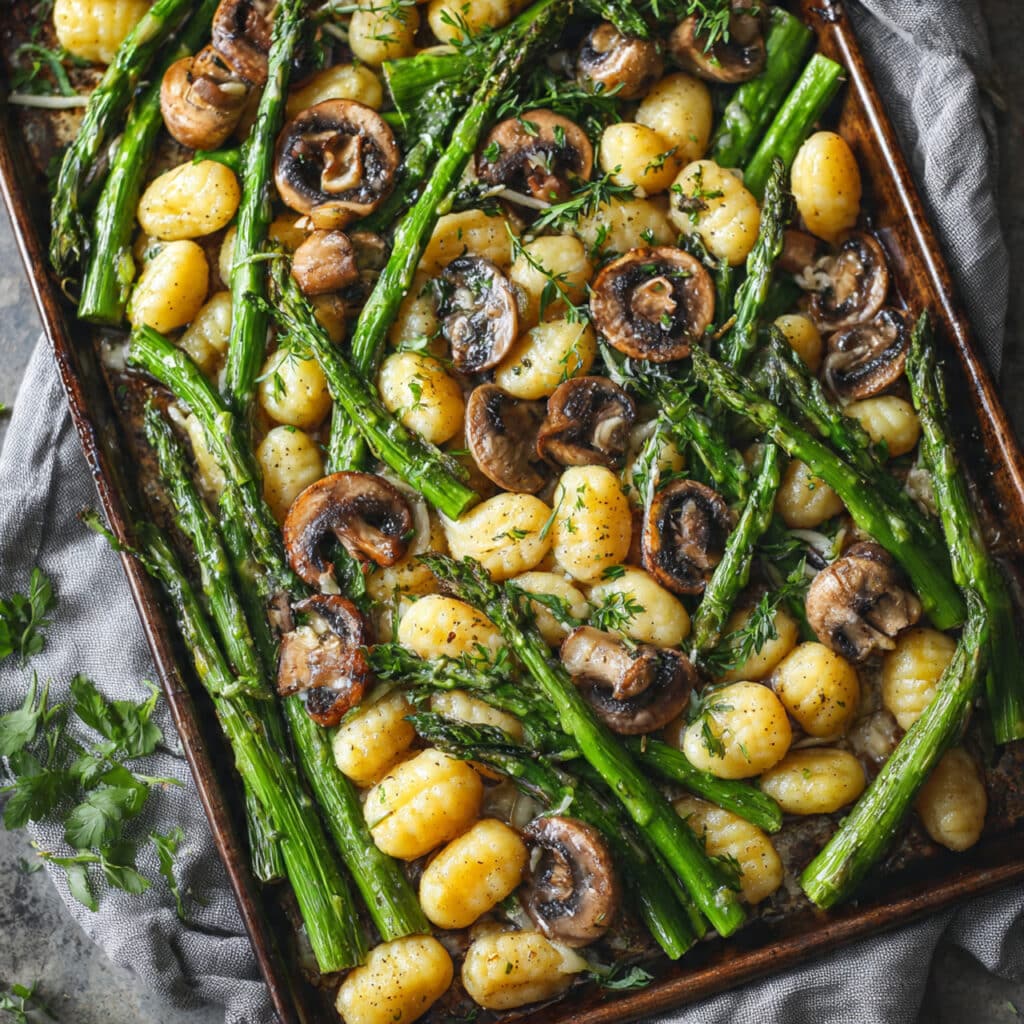 Sheet Pan Asparagus Mushroom Gnocchi