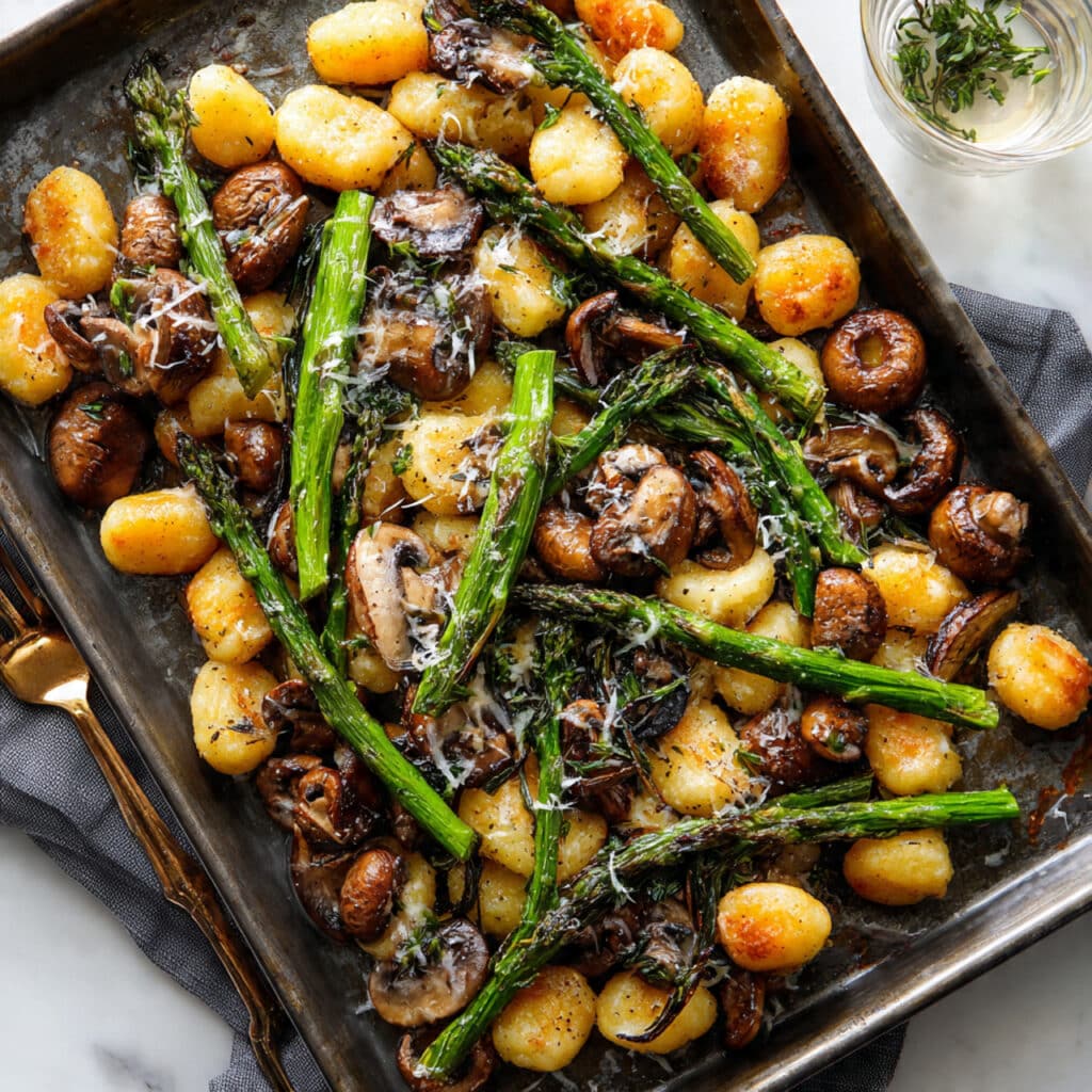 Sheet Pan Asparagus Mushroom Gnocchi