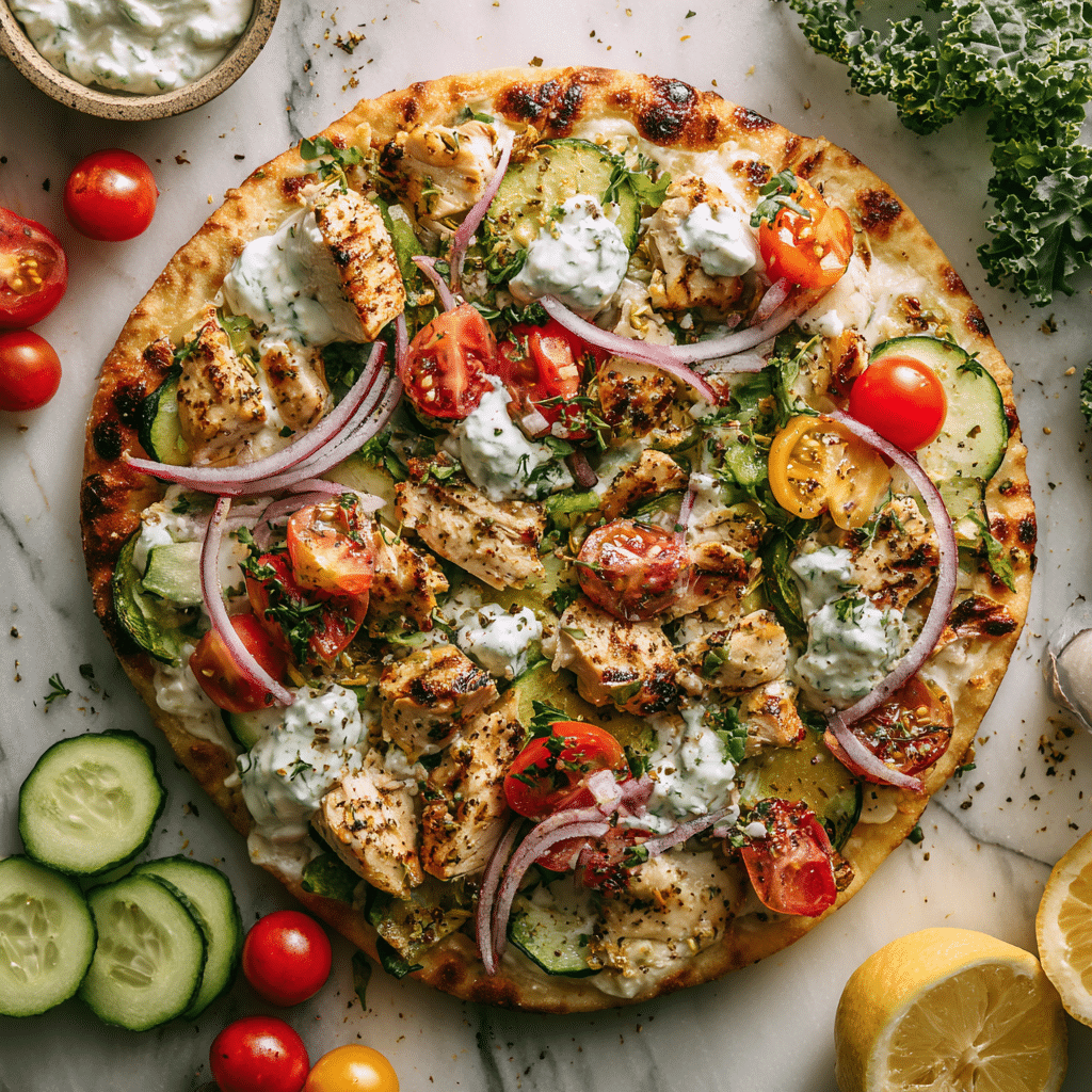 Tzatziki Chicken Veggie Naan Pizza