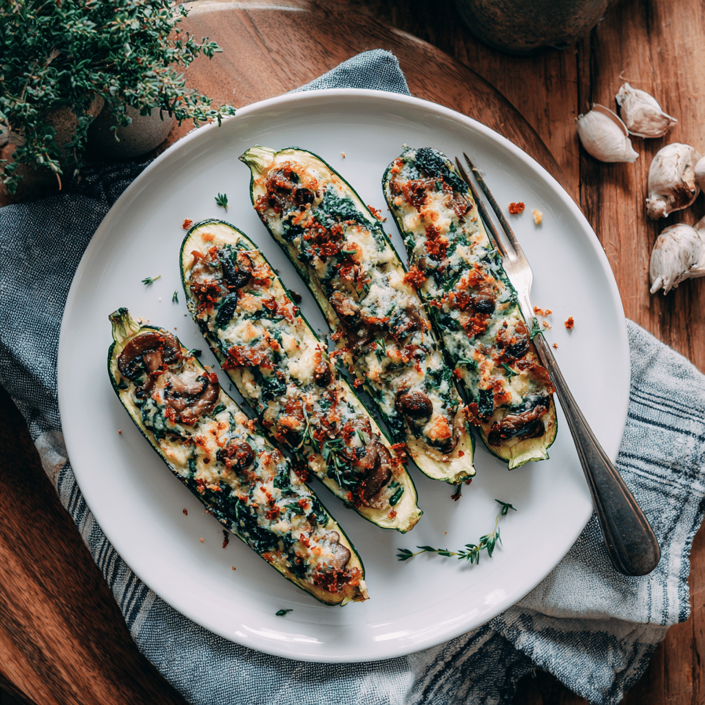 Zucchini Boats Stuffed with Spinach Mushroom Ricotta