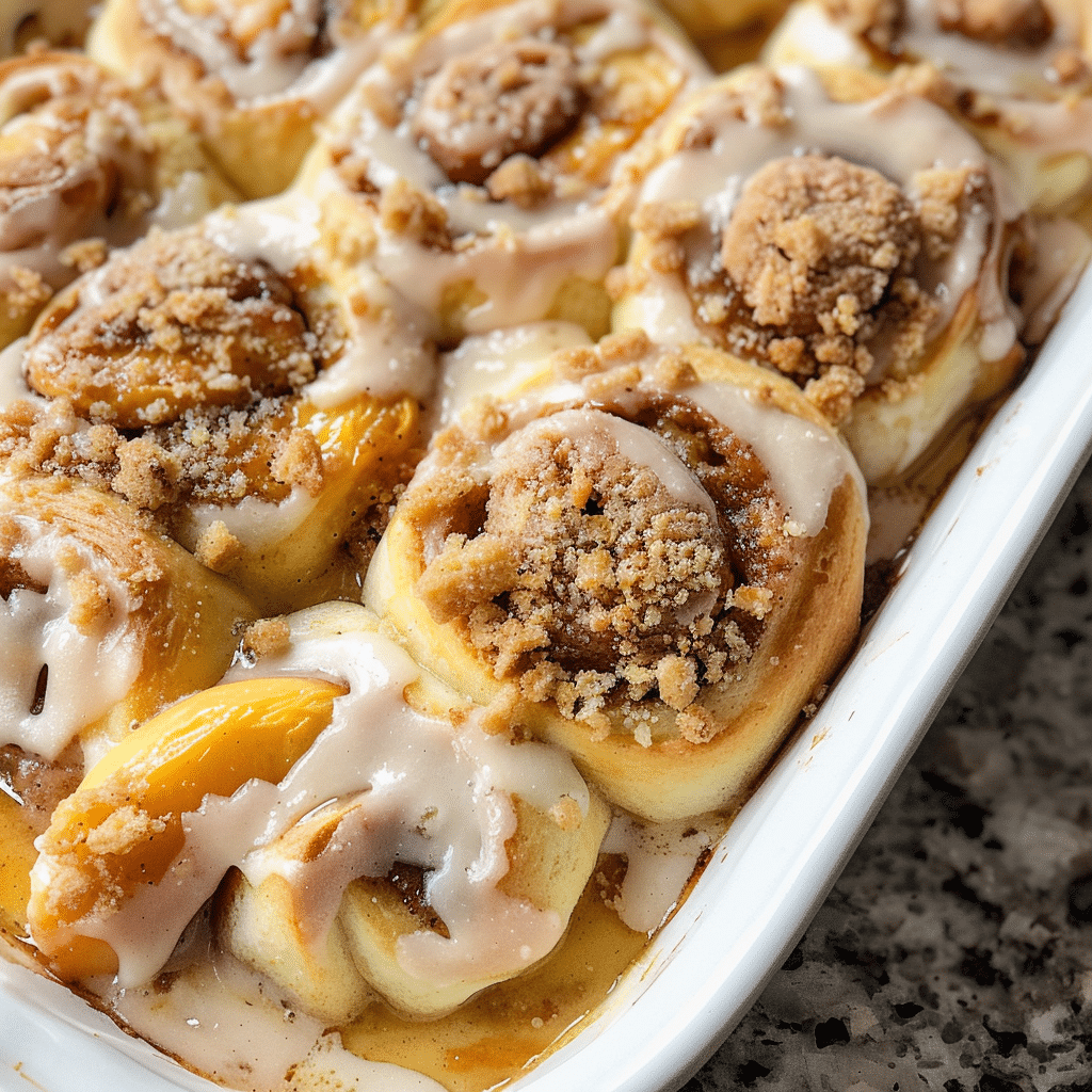 Peach Cobbler Cinnamon Rolls With Crumb Topping