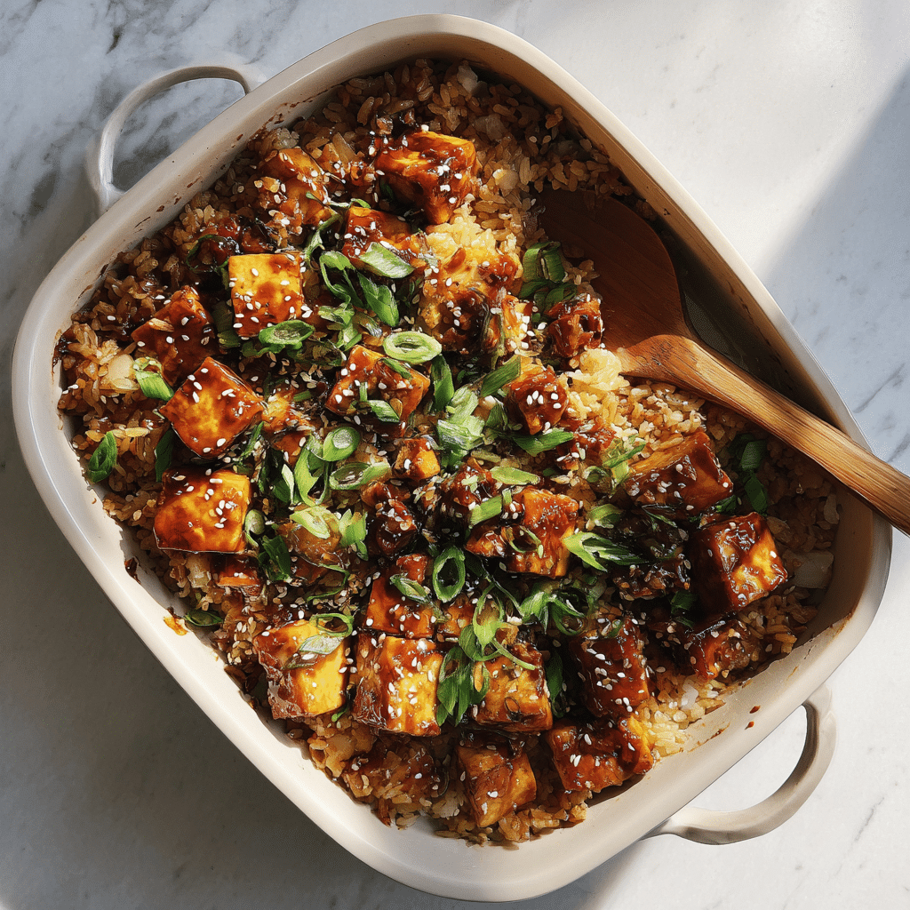 Dump and Bake Teriyaki Tofu Rice Casserole
