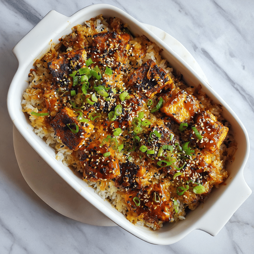 Dump and Bake Teriyaki Tofu Rice Casserole