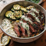 Grilled Steak Bowl with Creamy Sauce and Zucchini