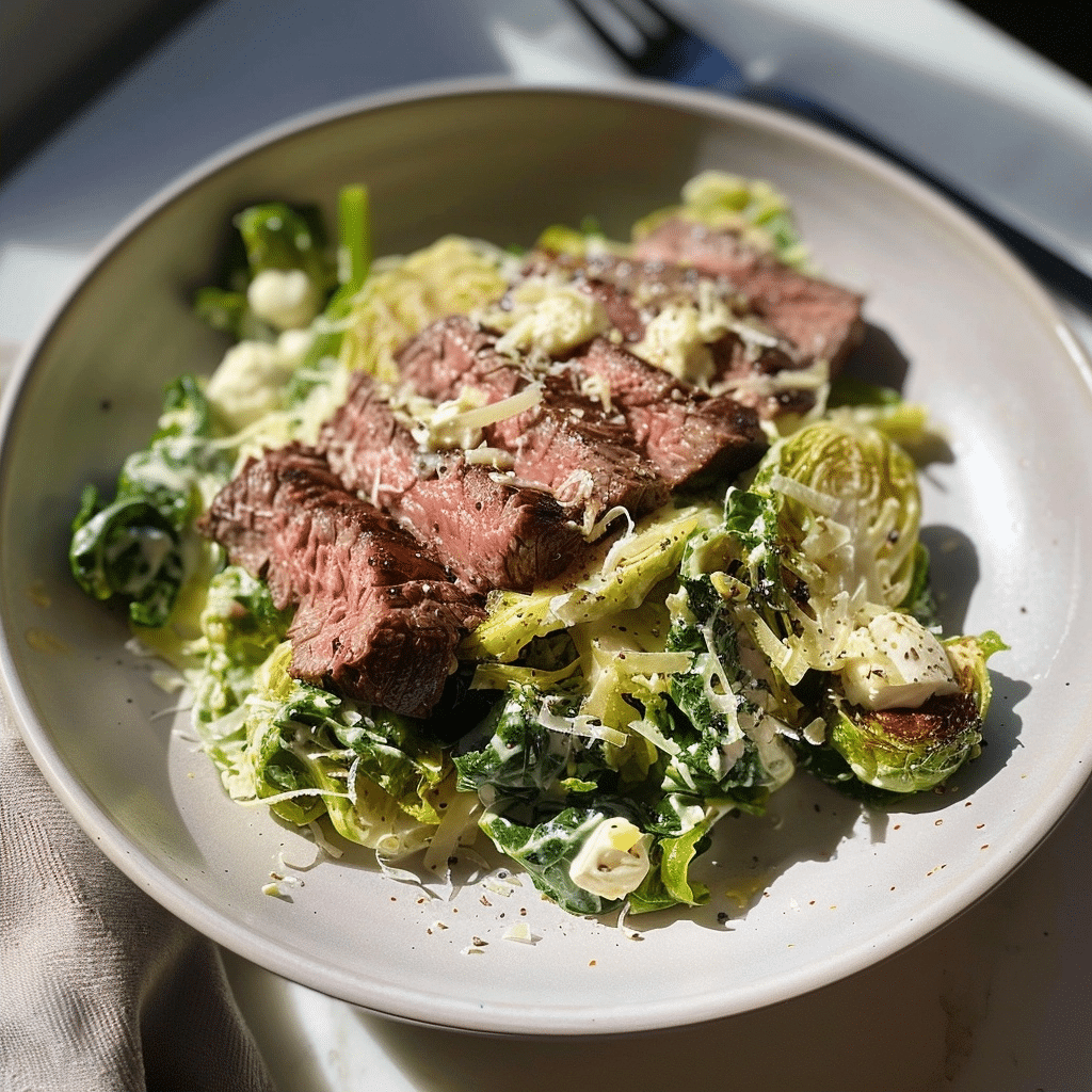 Shaved Brussels Sprouts Caesar Salad with Steak