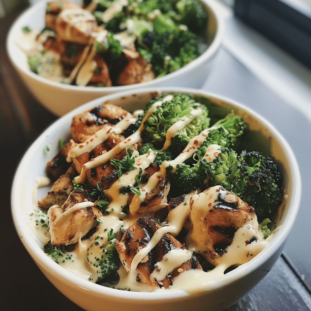 Home Page 33 Grilled Chicken and Broccoli Bowls with Creamy Sauce