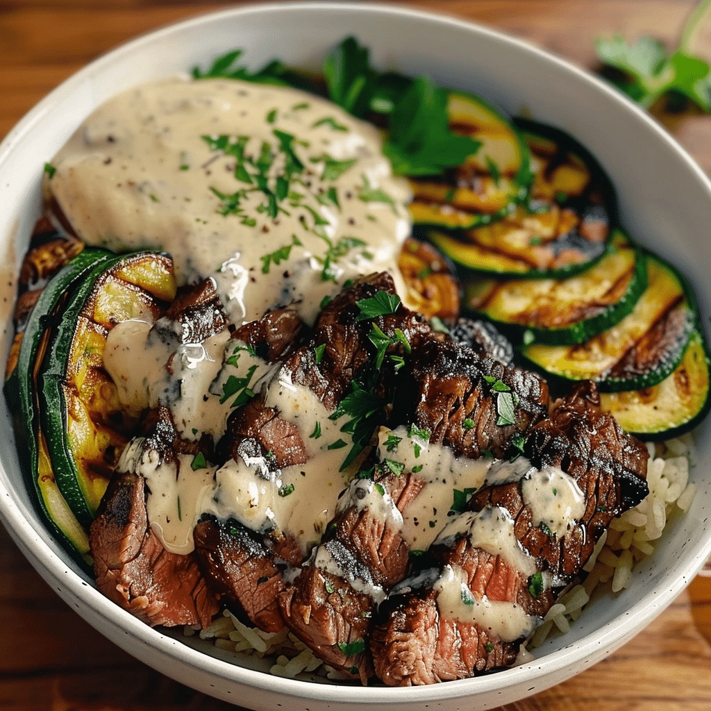 Grilled Steak Bowl with Creamy Sauce and Zucchini